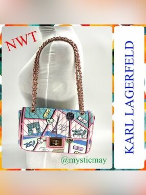 New KARL LAGERFELD Agyness Blush Pink Paris Landmark Print Shoulder Bag Purse